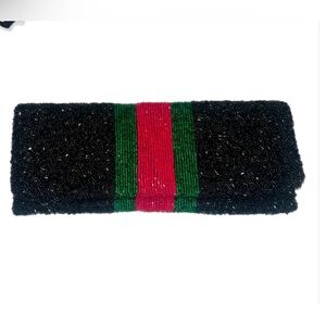 NWOT Tiana Black Beaded Clutch with Red and Green Stripe